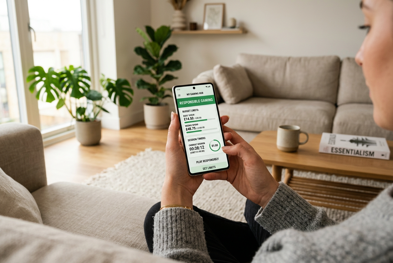 A lifestyle photo of a person using a smartphone with a responsible gambling app in a bright, calm room.