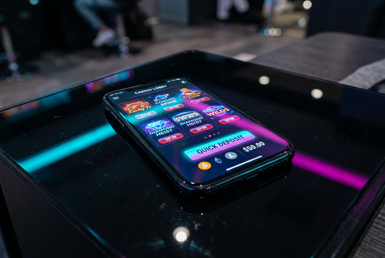 A professional high-angle shot of a smartphone displaying a crypto casino app with neon light reflections.